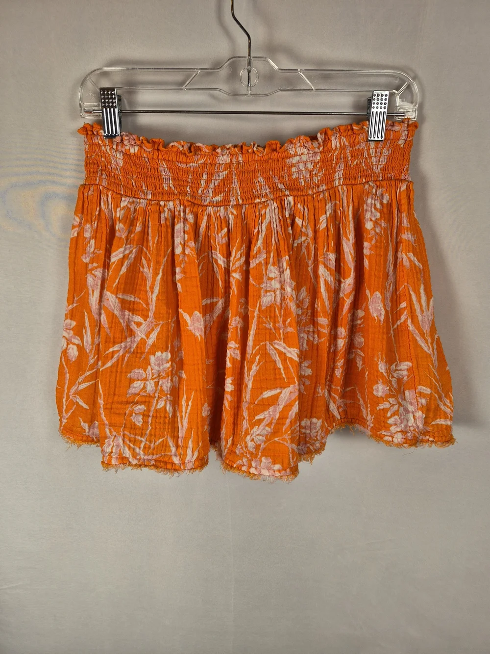 Anthropologie Orange Floral Smocked 100% Cotton Mini Skirt Size M